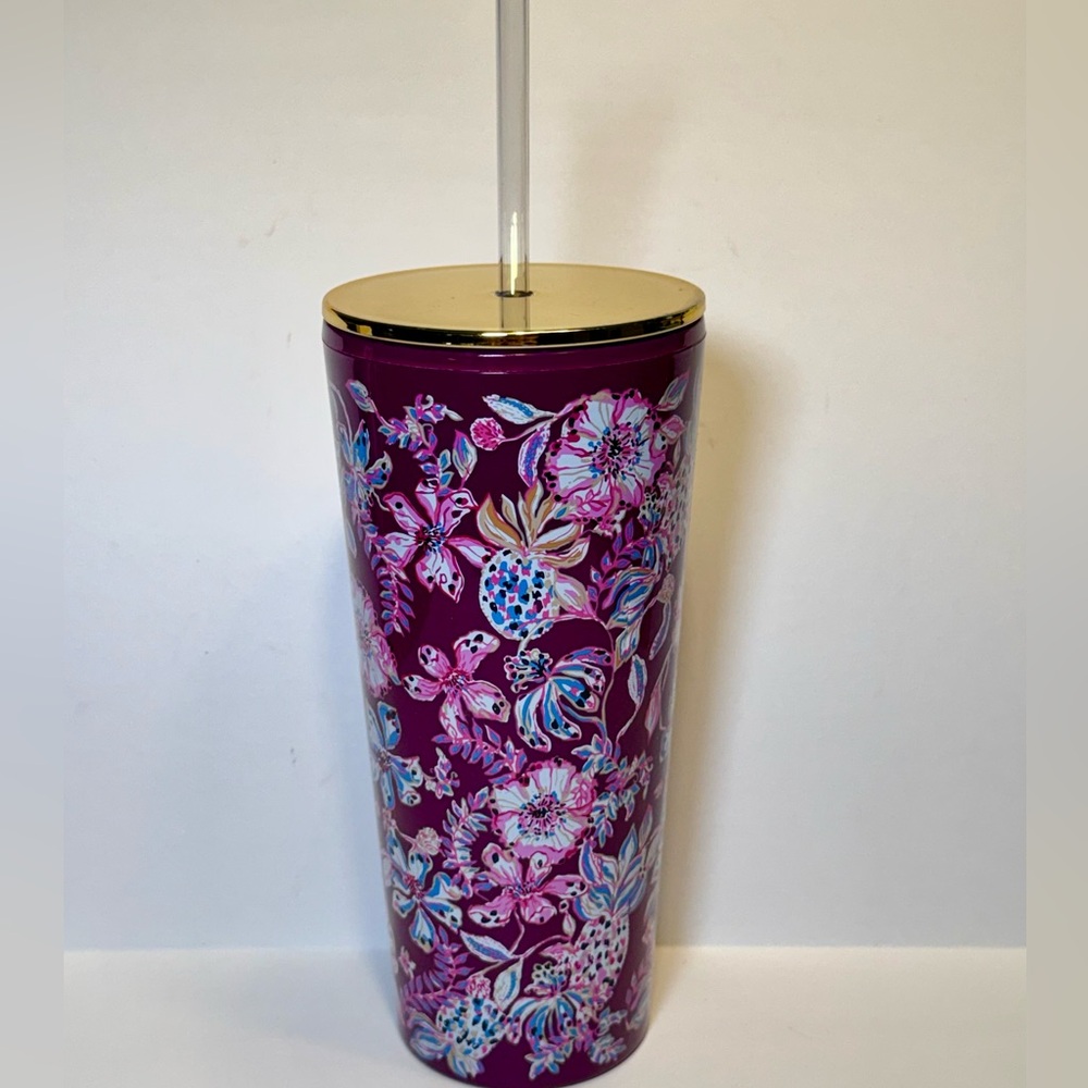 Lilly Pulitzer Tall Tumbler Gold Lid New Straw - 24 oz - Preppy - Picture 3 of 7